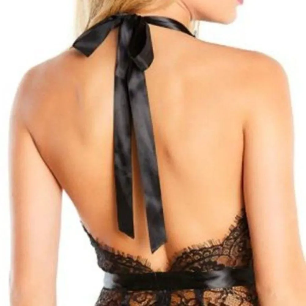 oh‎ la la cheri Size S/M Black Eyelash Tie Back Plunging Lace Teddy